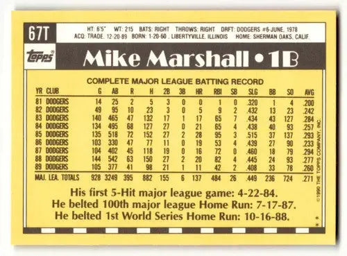 1990 Topps Traded #67T Mike Marshall New York Mets Baseball Cards NM ID:53951 - Baseball Card Single