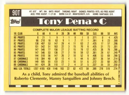 Original gloss baseball trading card of Tony Pena Boston Red Sox player from 1990 Topps Traded series