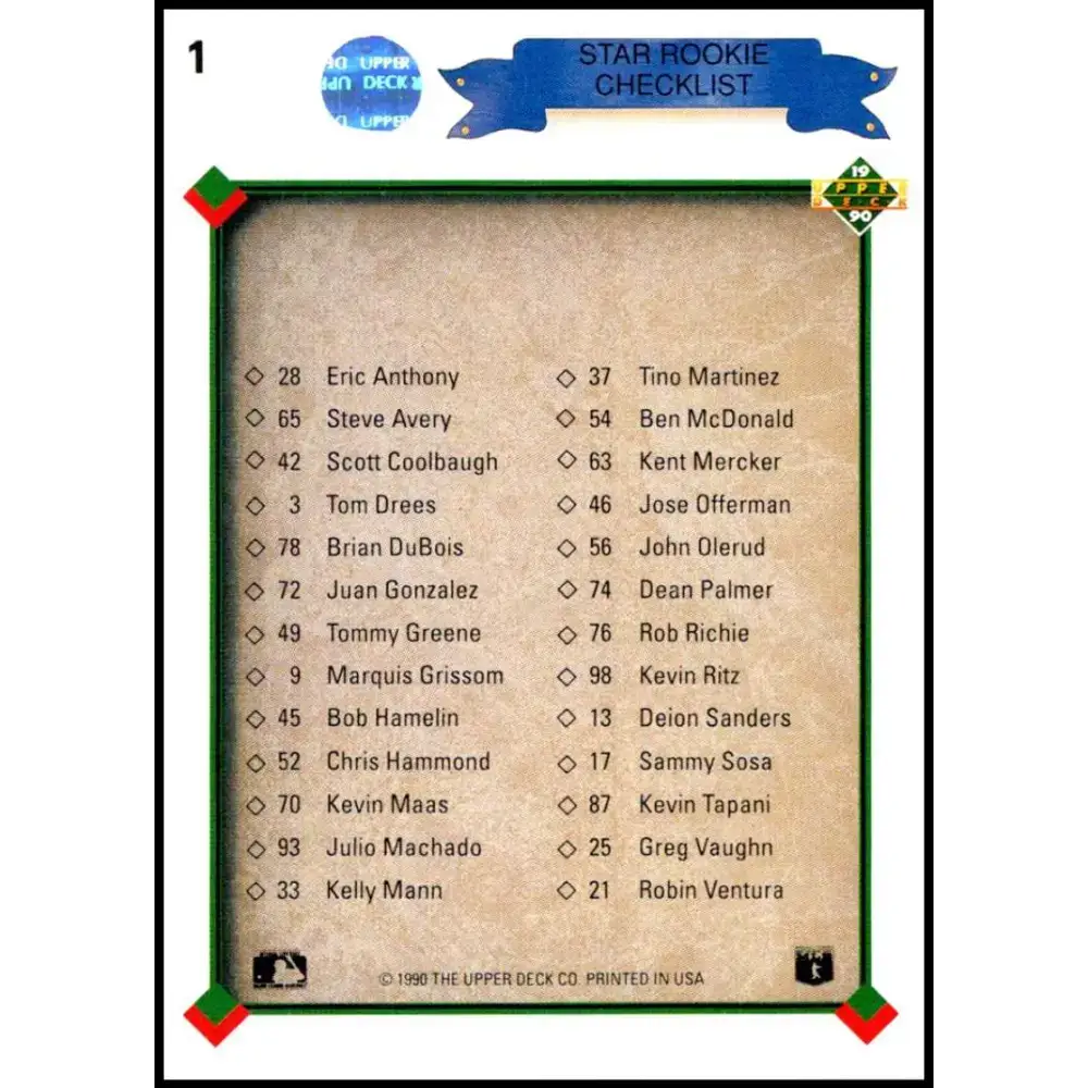 1990 Upper Deck #1 Star Rookie Checklist NM-MT Various Baseball Card - Baseball Card Single