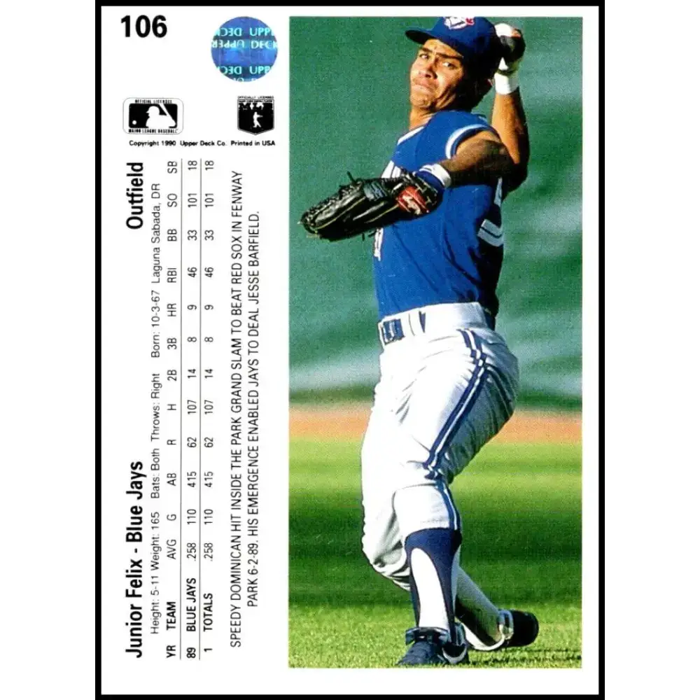 1990 Upper Deck #106 Junior Felix NM-MT Toronto Blue Jays Baseball Card - Baseball Card Single
