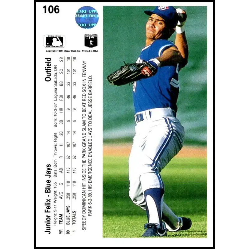 1990 Upper Deck #106 Junior Felix NM-MT Toronto Blue Jays Baseball Card - Baseball Card Single