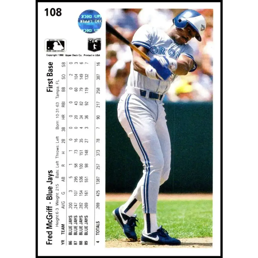 1990 Upper Deck #108 Fred McGriff NM-MT Toronto Blue Jays Baseball Card - Baseball Card Single