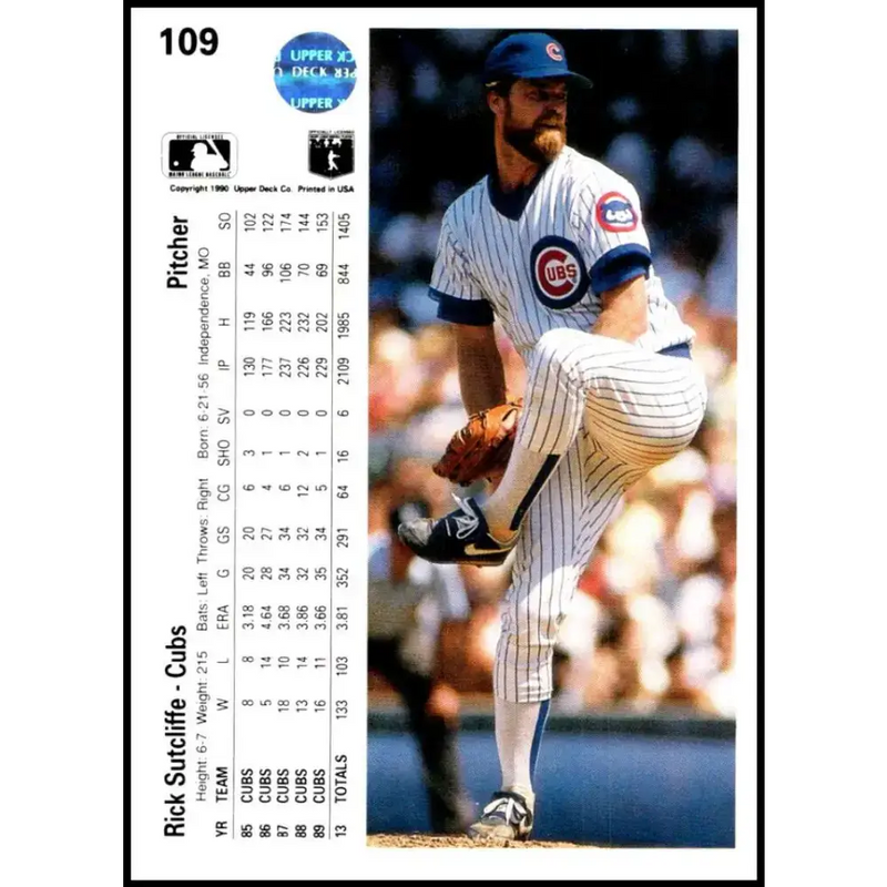 1990 Upper Deck #109 Rick Sutcliffe NM-MT Chicago Cubs Baseball Card - Baseball Card Single
