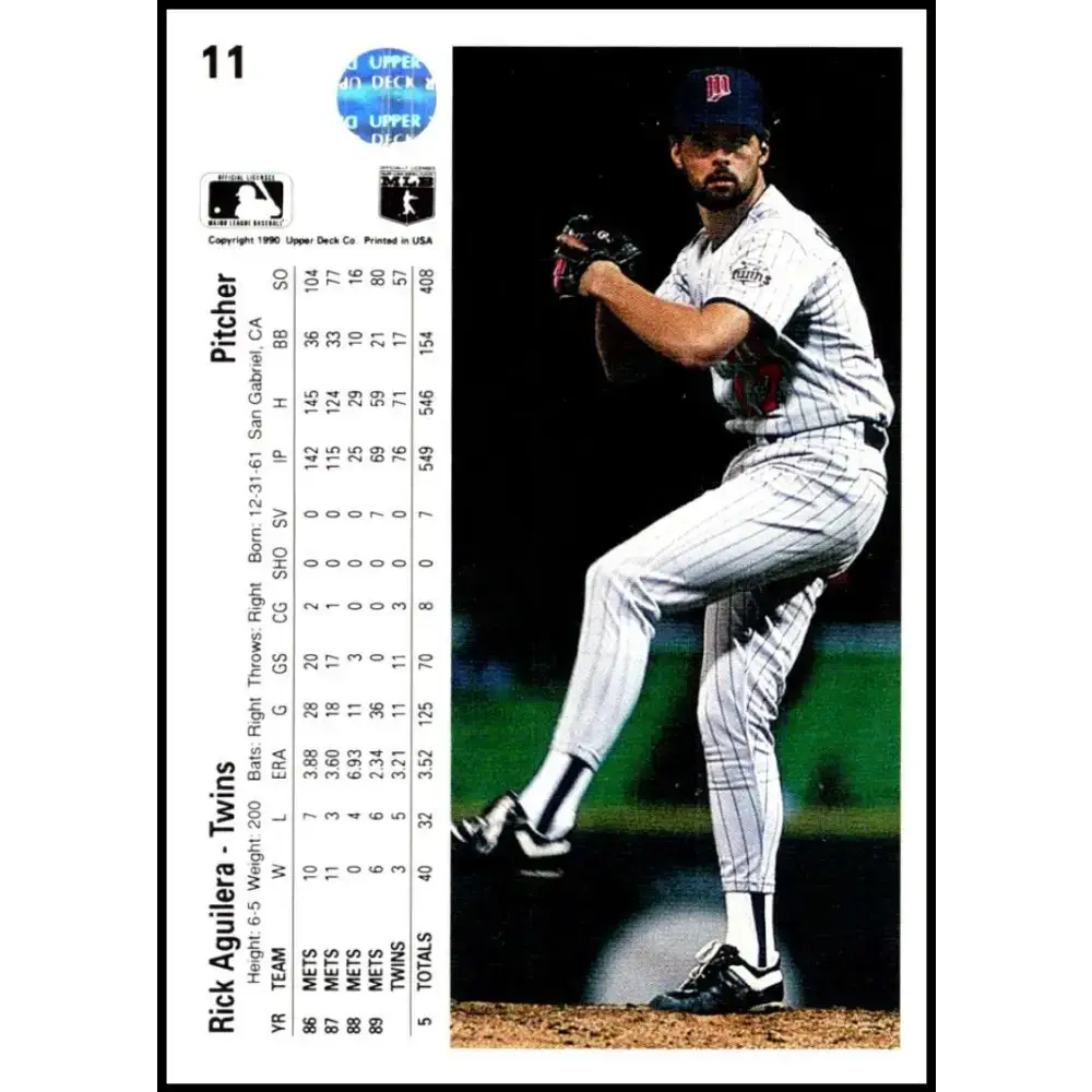 1990 Upper Deck #11 Rick Aguilera NM-MT Minnesota Twins Baseball Card - Baseball Card Single