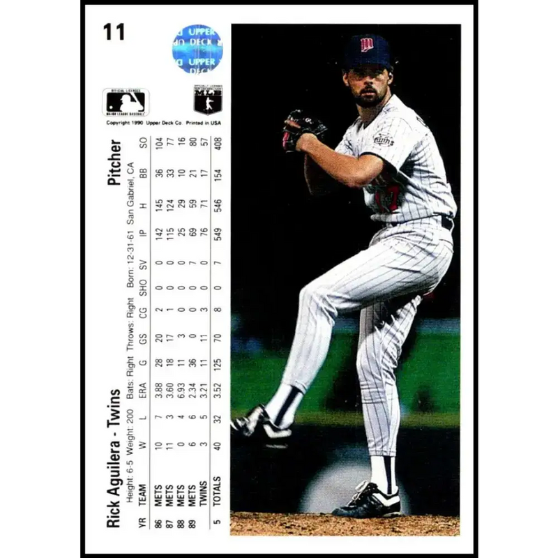 1990 Upper Deck #11 Rick Aguilera NM-MT Minnesota Twins Baseball Card - Baseball Card Single