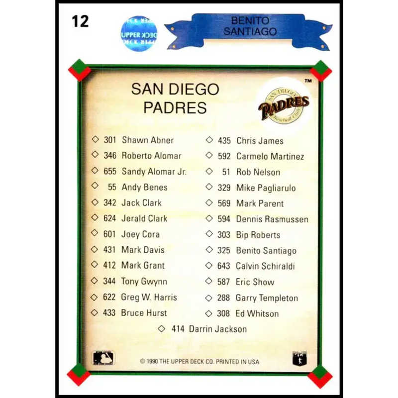 1990 Upper Deck #12 Benito Santiago TC NM-MT San Diego Padres Baseball Card - Baseball Card Single