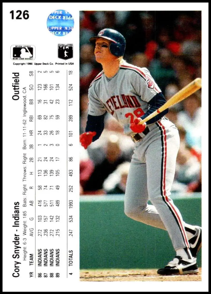1990 Upper Deck #126 Cory Snyder NM-MT Cleveland Indians Baseball Card - Baseball Card Single