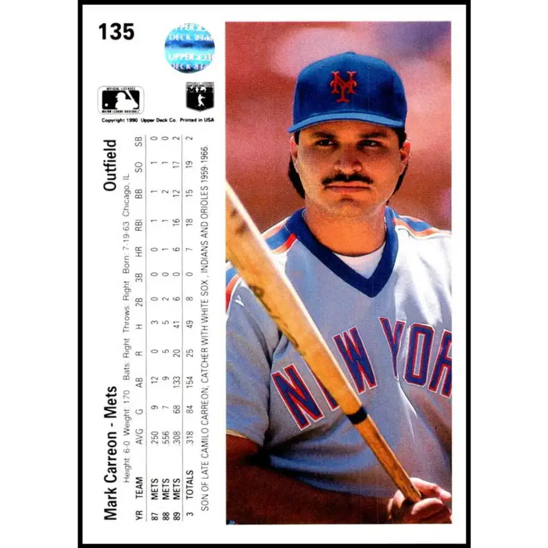 1990 Upper Deck #135 Mark Carreon NM-MT New York Mets Baseball Card - Baseball Card Single