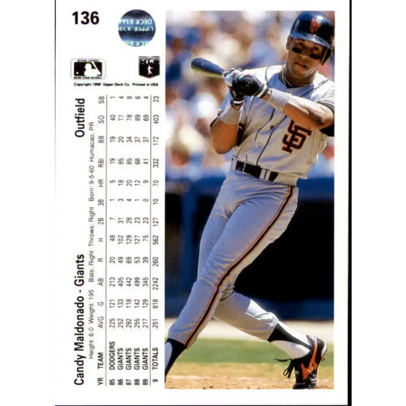 1990 Upper Deck #136 Candy Maldonado NM-MT San Francisco Giants Baseball Card - Baseball Card Single