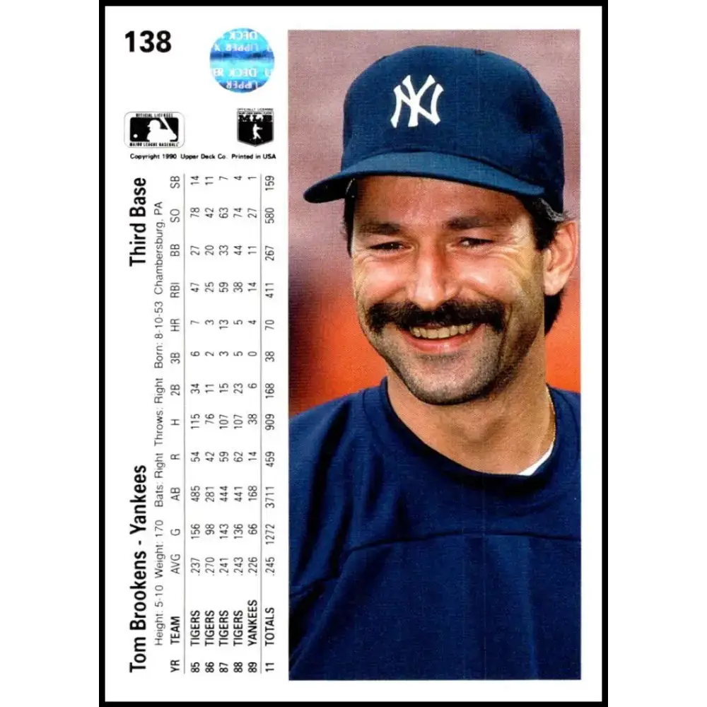1990 Upper Deck #138 Tom Brookens NM-MT New York Yankees Baseball Card - Baseball Card Single
