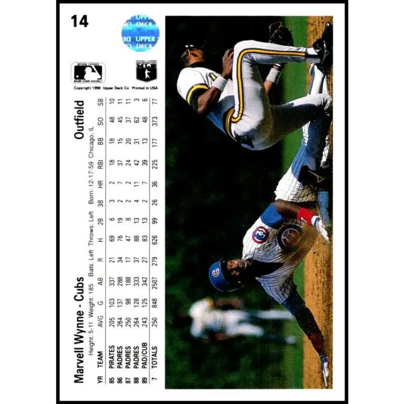 1990 Upper Deck #14 Marvell Wynne NM-MT Chicago Cubs Baseball Card - Baseball Card Single