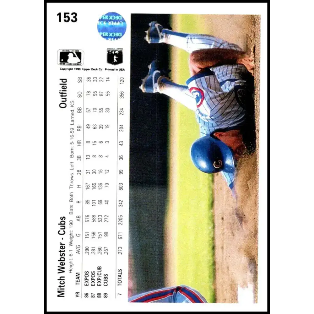 1990 Upper Deck #153 Mitch Webster NM-MT Chicago Cubs Baseball Card - Baseball Card Single