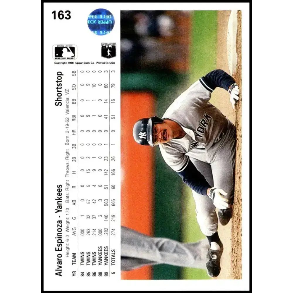 1990 Upper Deck #163 Alvaro Espinoza NM-MT New York Yankees Baseball Card - Baseball Card Single