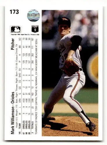 Baseball card featuring Mark Williamson Baltimore Orioles from 1990 Upper Deck product