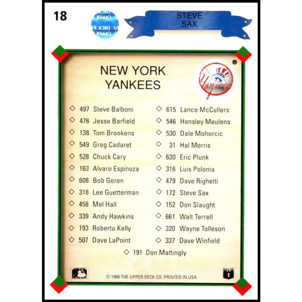 1990 Upper Deck #18 Steve Sax TC NM-MT New York Yankees Baseball Card - Baseball Card Single