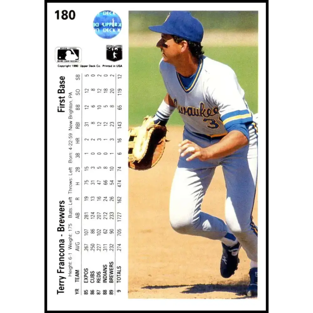 1990 Upper Deck #180 Terry Francona NM-MT Milwaukee Brewers Baseball Card - Baseball Card Single
