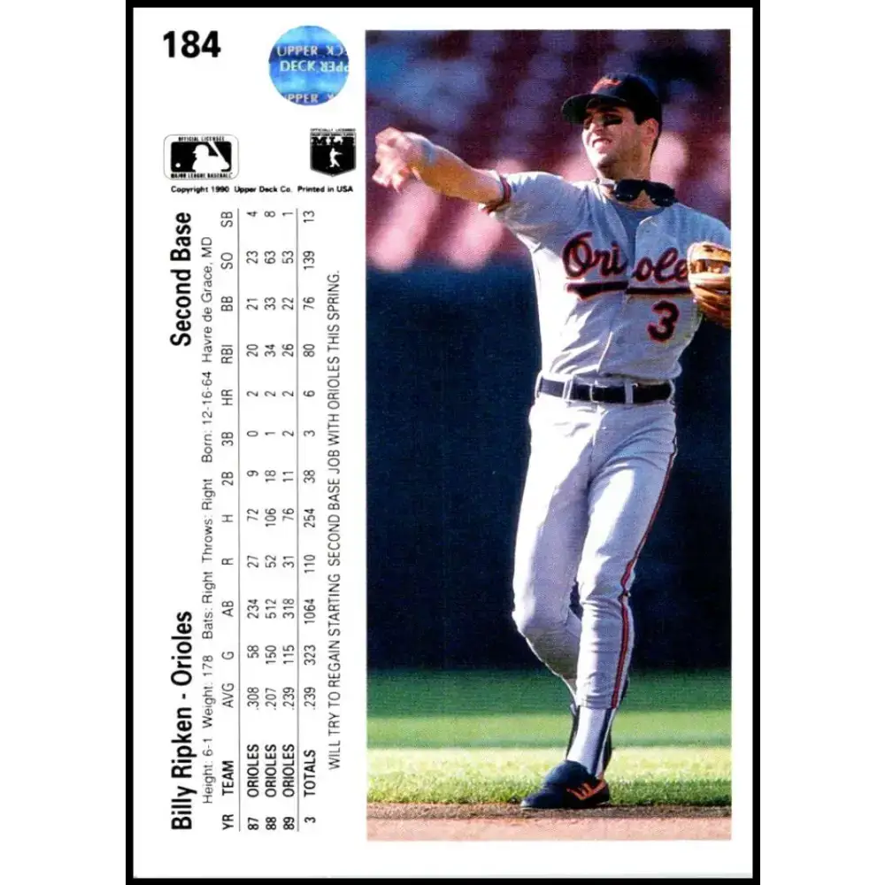1990 Upper Deck #184 Billy Ripken NM-MT Baltimore Orioles Baseball Card - Baseball Card Single