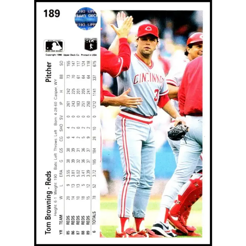 1990 Upper Deck #189 Tom Browning NM-MT Cincinnati Reds Baseball Card - Baseball Card Single
