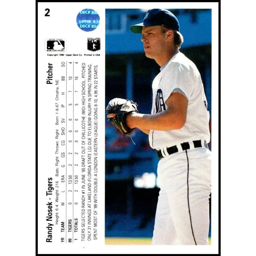 1990 Upper Deck #2 Randy Nosek NM-MT RC Rookie Detroit Tigers Baseball Card - Baseball Card Single