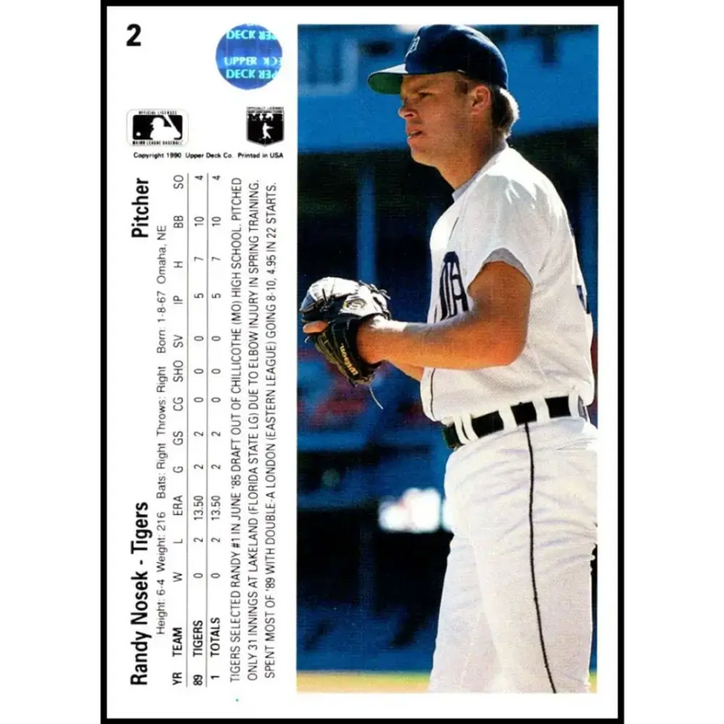 1990 Upper Deck #2 Randy Nosek NM-MT RC Rookie Detroit Tigers Baseball Card - Baseball Card Single