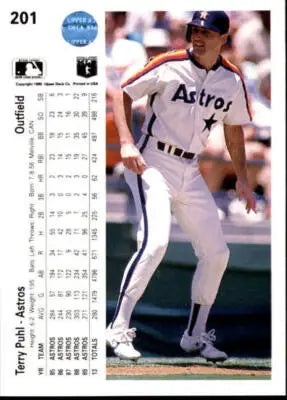 Original gloss 1990 Upper Deck Terry Puhl baseball card featuring Astros team detail