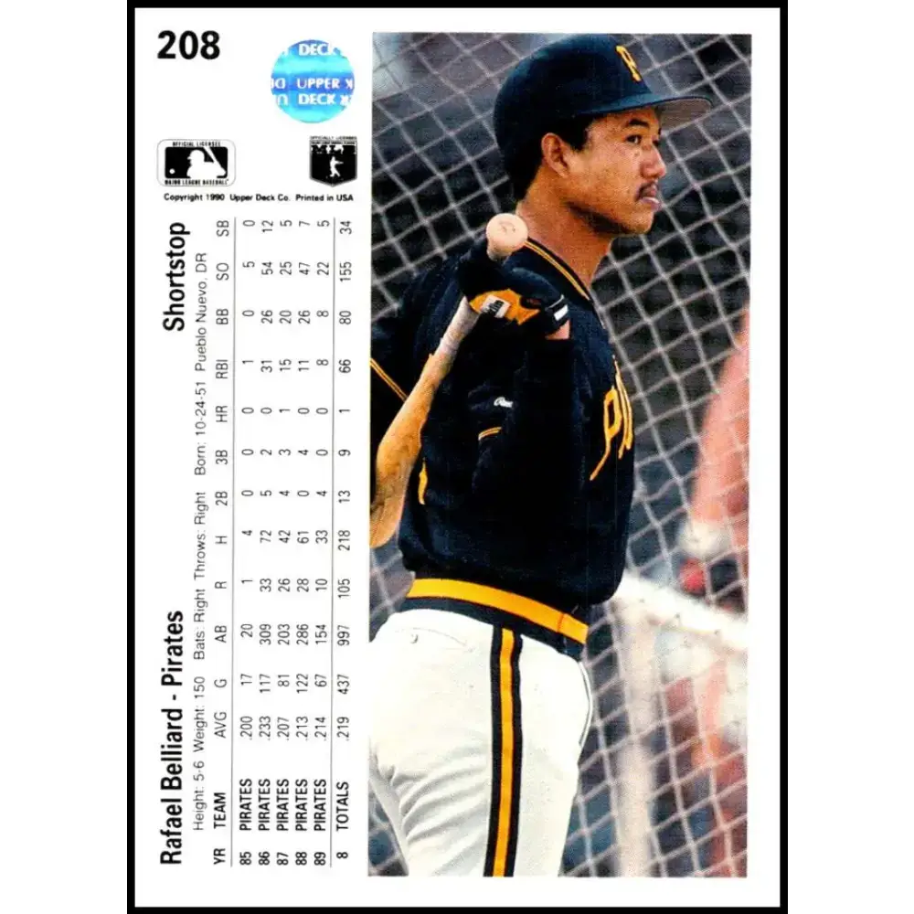 1990 Upper Deck #208 Rafael Belliard UER NM-MT Pittsburgh Pirates Baseball Card - Baseball Card Single