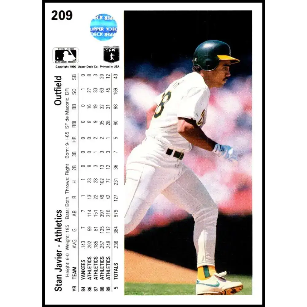 1990 Upper Deck #209 Stan Javier NM-MT Oakland Athletics Baseball Card - Baseball Card Single
