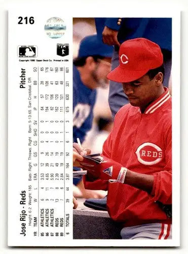 Vintage 1990 Upper Deck Jose Rijo Cincinnati Reds baseball trading card with career stats