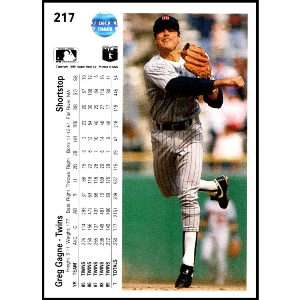 1990 Upper Deck #217 Greg Gagne NM-MT Minnesota Twins Baseball Card - Baseball Card Single