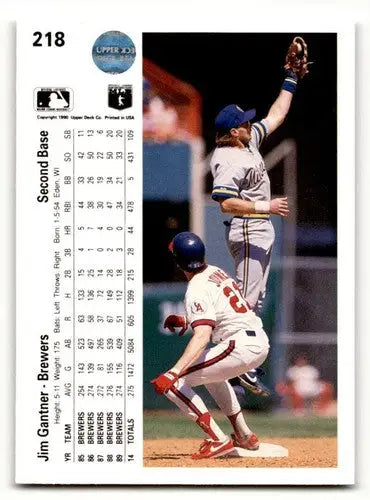 Back of 1990 Upper Deck Jim Gantner Milwaukee Brewers baseball card showcasing Gantner Milwaukee Brewers team info