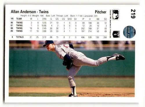 Back of 1990 Upper Deck Allan Anderson Minnesota Twins baseball card with player stats and action shot