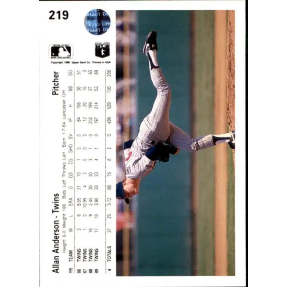 1990 Upper Deck #219 Allan Anderson NM-MT Minnesota Twins Baseball Card - Baseball Card Single