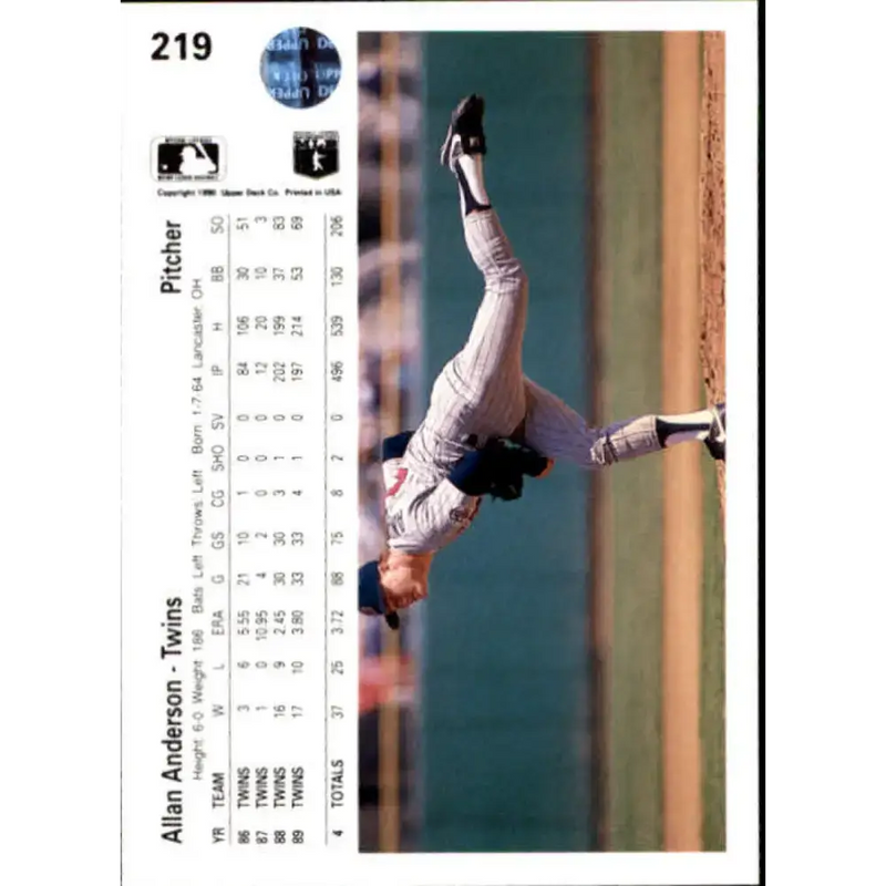 1990 Upper Deck #219 Allan Anderson NM-MT Minnesota Twins Baseball Card - Baseball Card Single