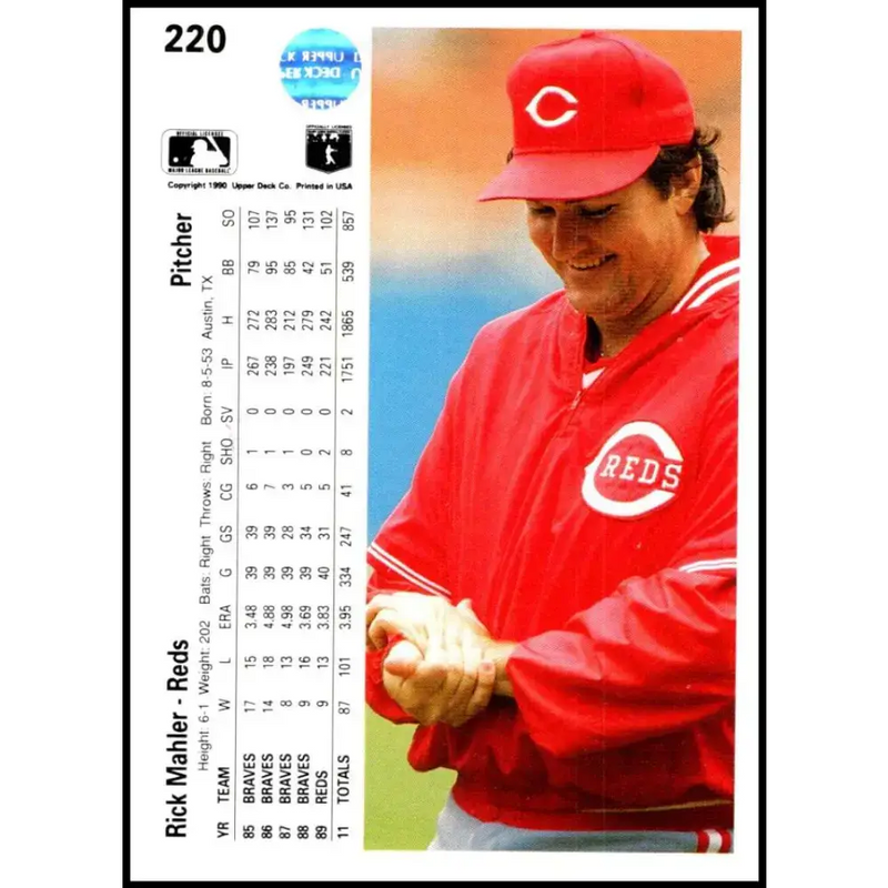 1990 Upper Deck #220 Rick Mahler NM-MT Cincinnati Reds Baseball Card - Baseball Card Single