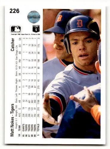 Baseball card featuring Matt Nokes of Detroit Tigers from 1990 Upper Deck set