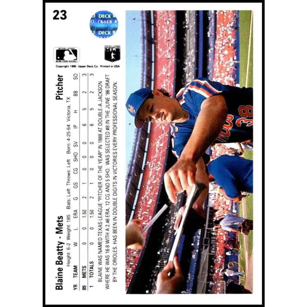 1990 Upper Deck #23 Blaine Beatty NM-MT RC Rookie New York Mets Baseball Card - Baseball Card Single