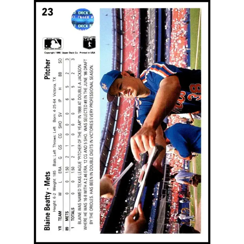 1990 Upper Deck #23 Blaine Beatty NM-MT RC Rookie New York Mets Baseball Card - Baseball Card Single