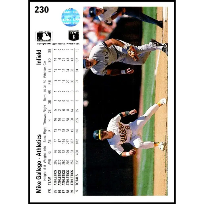1990 Upper Deck #230 Mike Gallego NM-MT Oakland Athletics Baseball Card - Baseball Card Single