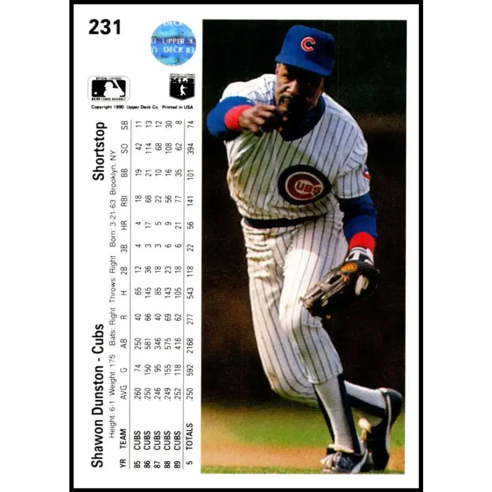 1990 Upper Deck #231 Shawon Dunston UER NM-MT Chicago Cubs Baseball Card - Baseball Card Single
