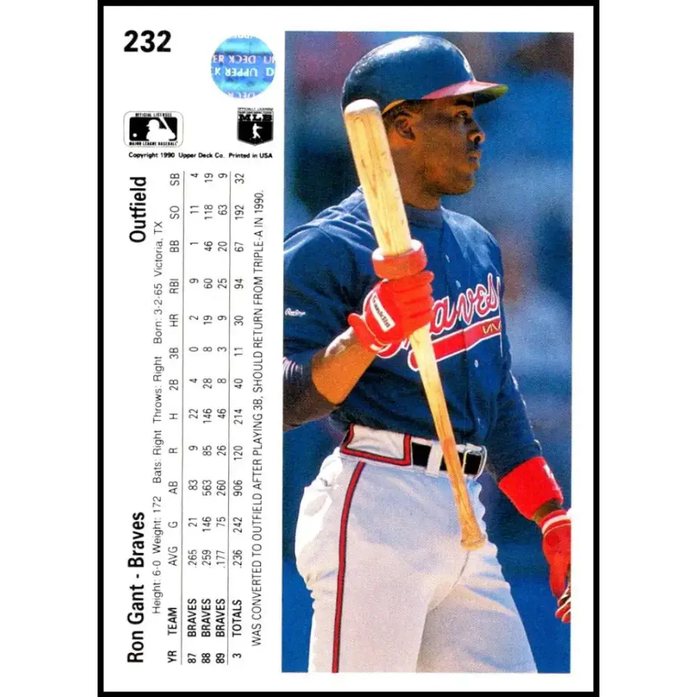 1990 Upper Deck #232 Ron Gant NM-MT Atlanta Braves Baseball Card - Baseball Card Single