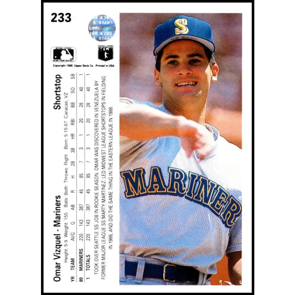 1990 Upper Deck #233 Omar Vizquel NM-MT Seattle Mariners Baseball Card - Baseball Card Single