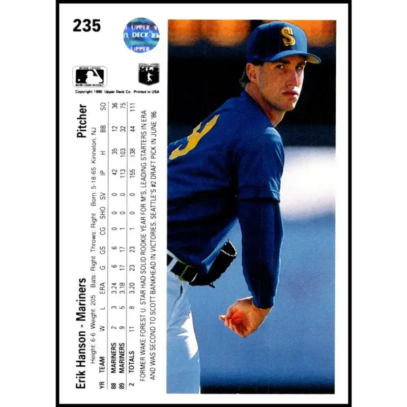 1990 Upper Deck #235 Erik Hanson NM-MT Seattle Mariners Baseball Card - Baseball Card Single