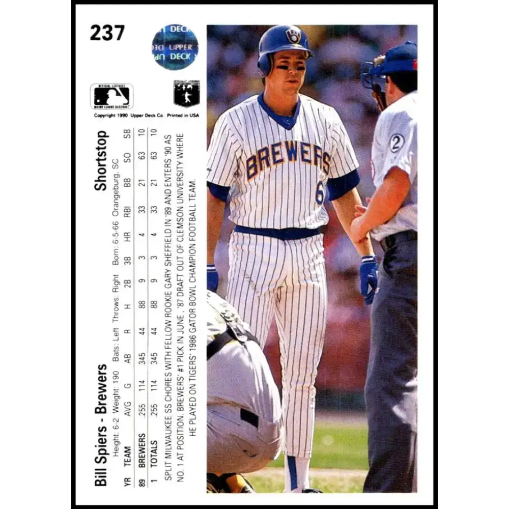 1990 Upper Deck #237 Bill Spiers NM-MT Milwaukee Brewers Baseball Card - Baseball Card Single