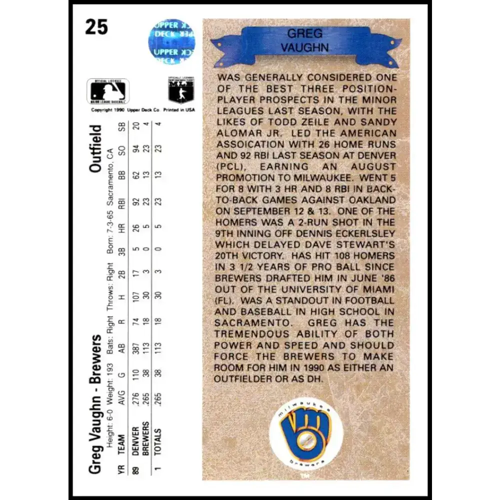 1990 Upper Deck #25 Greg Vaughn UER NM-MT Milwaukee Brewers Baseball Card - Baseball Card Single
