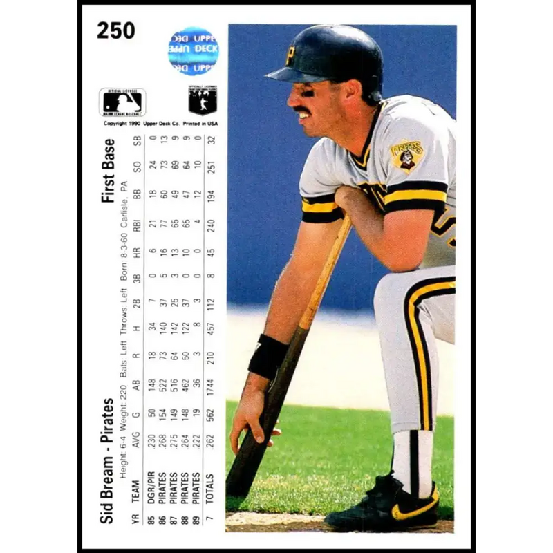 1990 Upper Deck #250 Sid Bream NM-MT Pittsburgh Pirates Baseball Card - Baseball Card Single