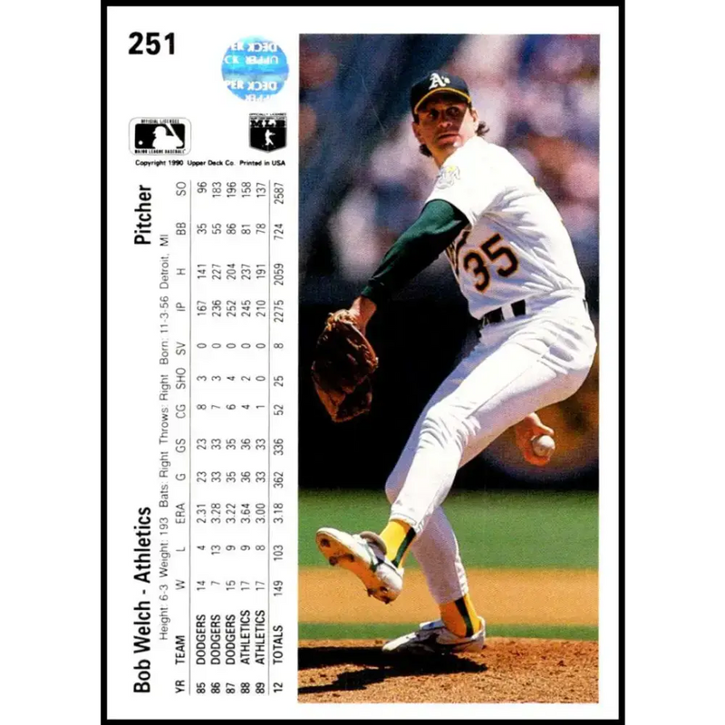 1990 Upper Deck #251 Bob Welch UER NM-MT Oakland Athletics Baseball Card - Baseball Card Single