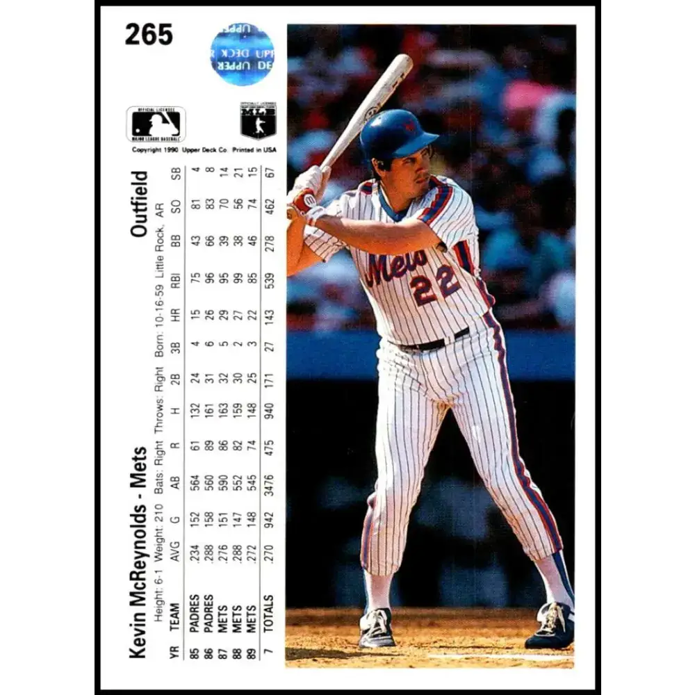 1990 Upper Deck #265 Kevin McReynolds NM-MT New York Mets Baseball Card - Baseball Card Single