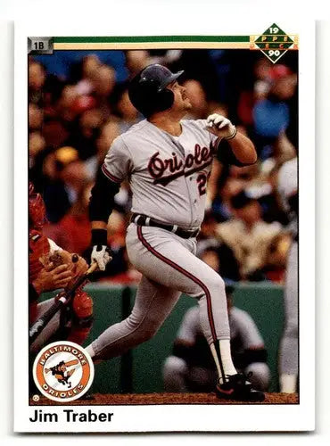 Original gloss Jim Traber baseball card from 1990 Upper Deck featuring Baltimore Orioles