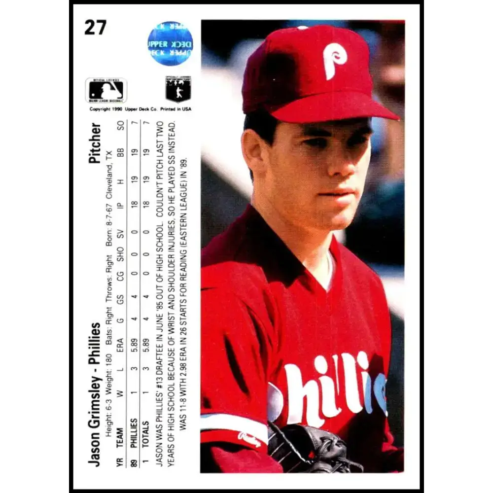 1990 Upper Deck #27 Jason Grimsley NM-MT RC Rookie Philadelphia Phillies Baseball Card - Baseball Card Single