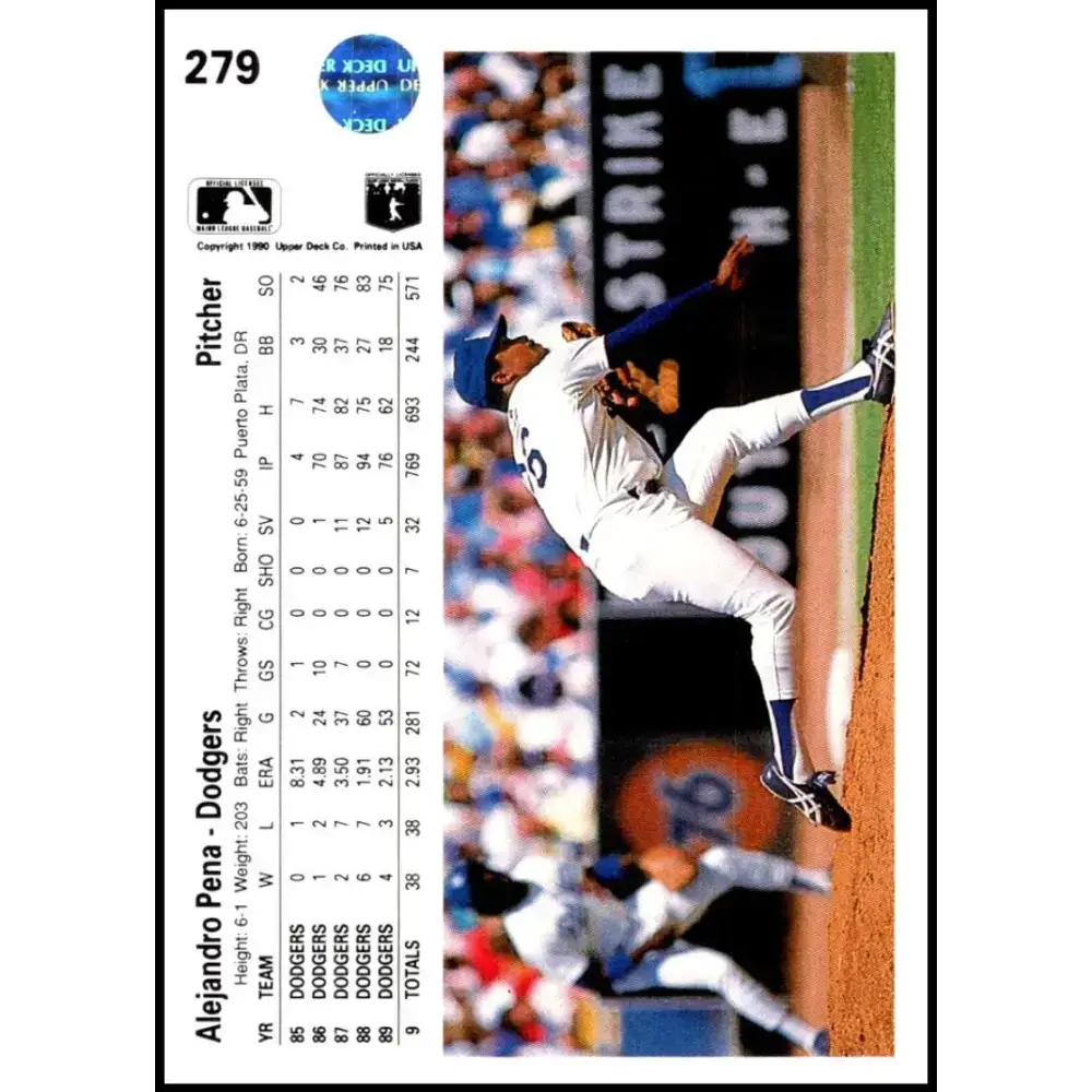 1990 Upper Deck #279 Alejandro Pena NM-MT Los Angeles Dodgers Baseball Card - Baseball Card Single